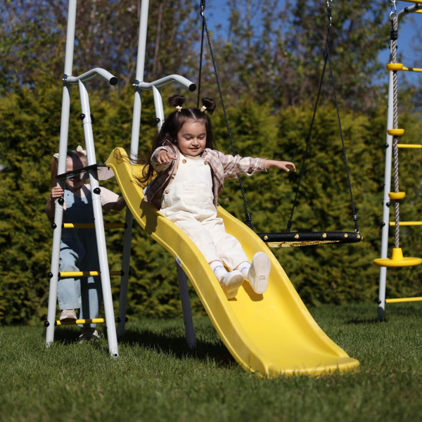 картинка Дополнительный комплект с горкой к дачному комплексу ROMANA *только для высоты балки качелей 2050 мм. (желтый/серый) (без качелей) от магазина Лазалка